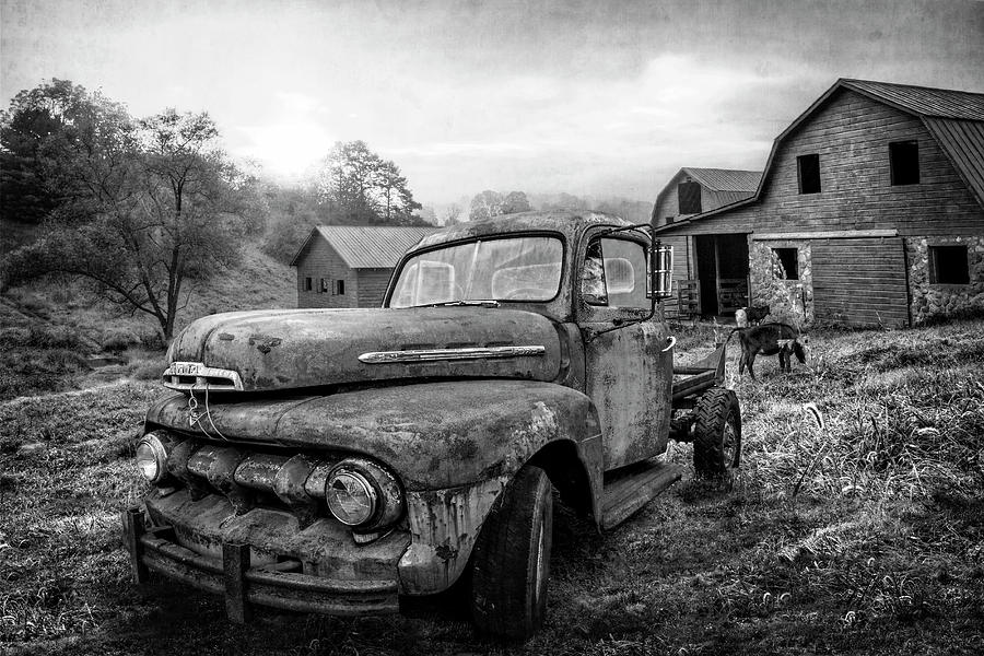 Ford in the Farm Pastures in Black and White Photograph by Debra and Dave Vanderlaan