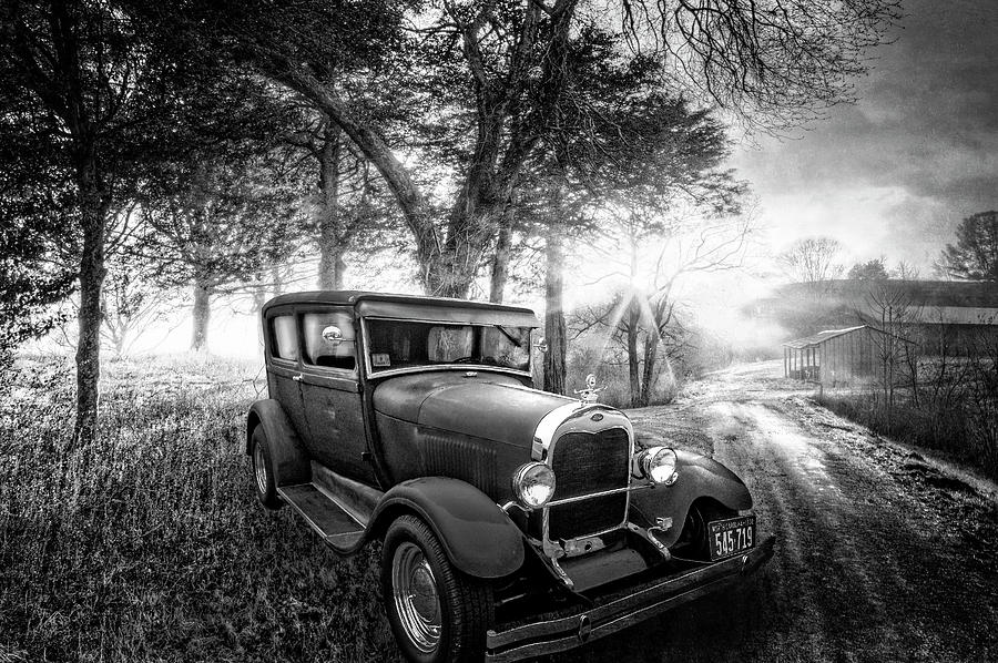 Ford in the Fog at the Farm in Black and White Photograph by Debra and Dave Vanderlaan