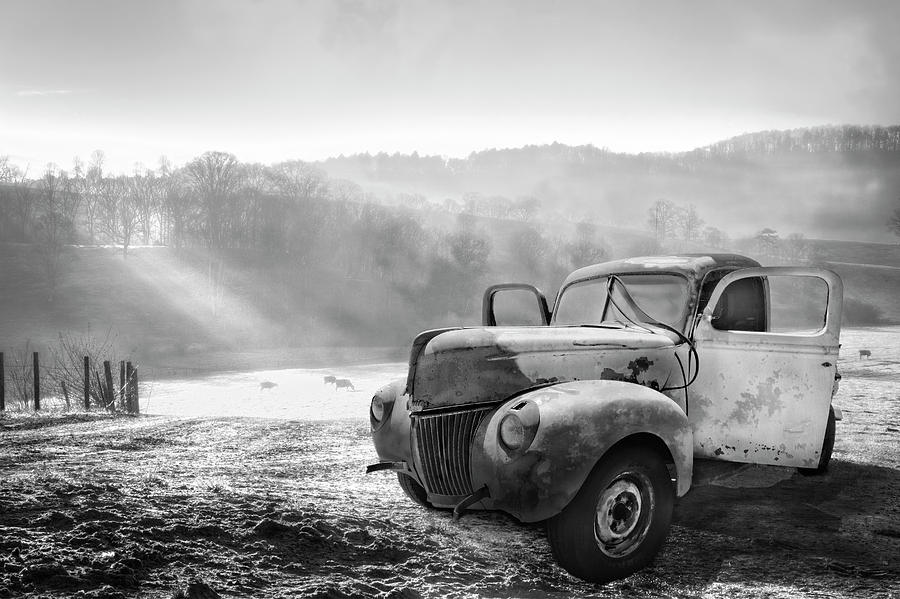 Ford in the Fog Black and White Photograph by Debra and Dave Vanderlaan