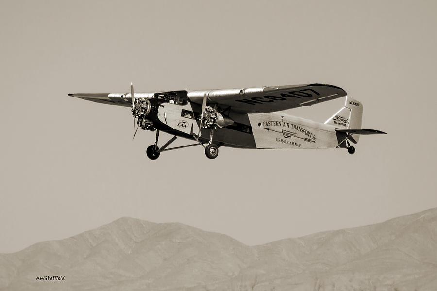 Black And White Photograph - Ford Tri-Motor Taking Off - Sepia Tone by Allen Sheffield