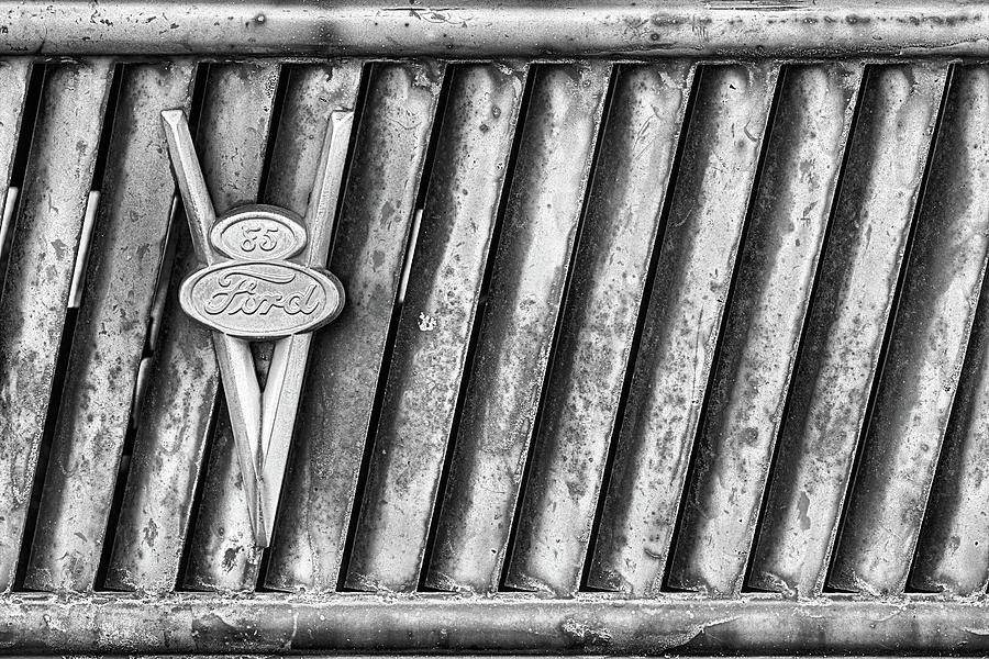 Ford V8 Emblem Black and White Photograph by JC Findley