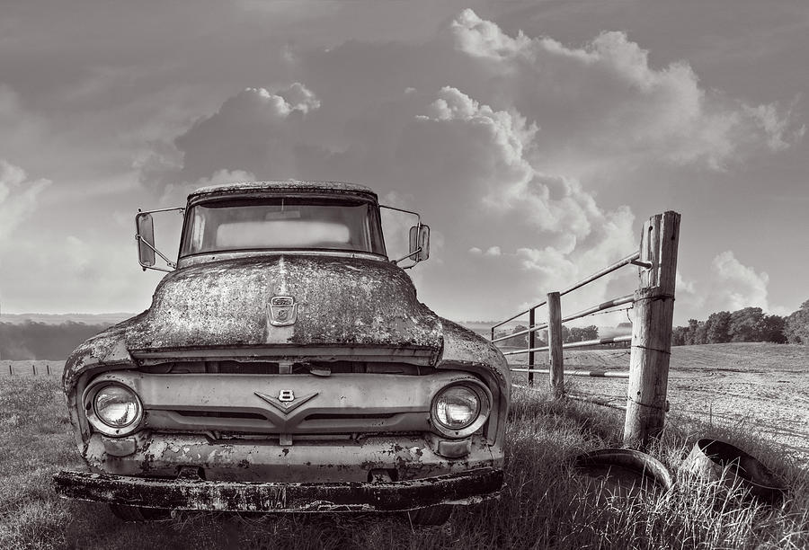 Ford V8 on the Farm Black and White Photograph by Debra and Dave Vanderlaan