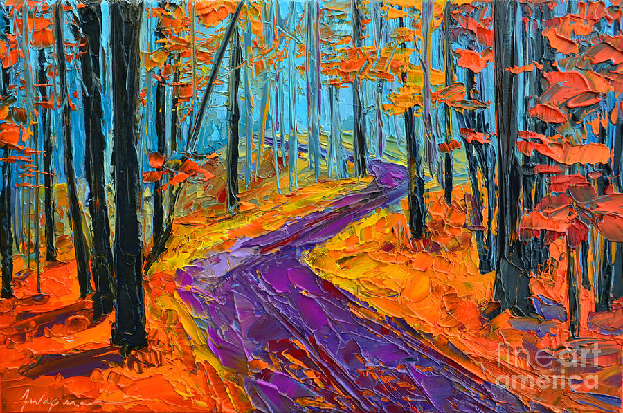 Autumn Forest and Purple Path - Orange Red Foliage - Modern Impressionist Knife Palette Painting by Patricia Awapara