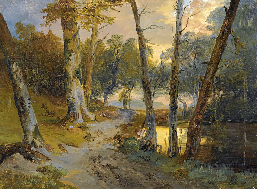 Forest interior with pond Painting by Carl Blechen