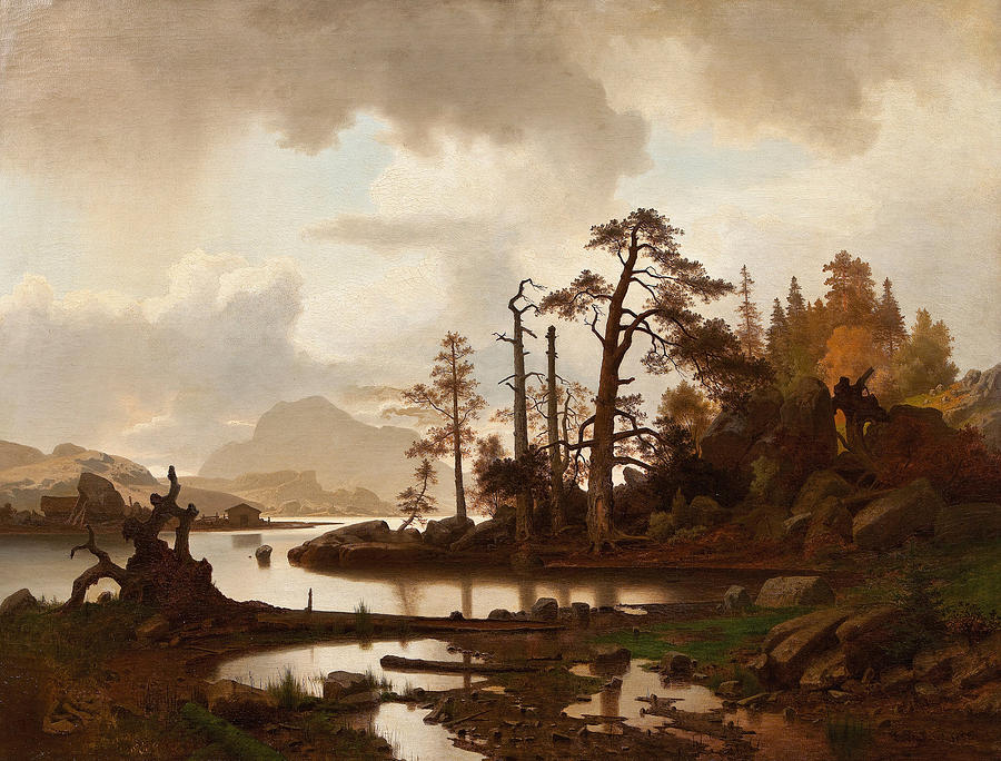 Forest landscape with lake Painting by Erik Bodom