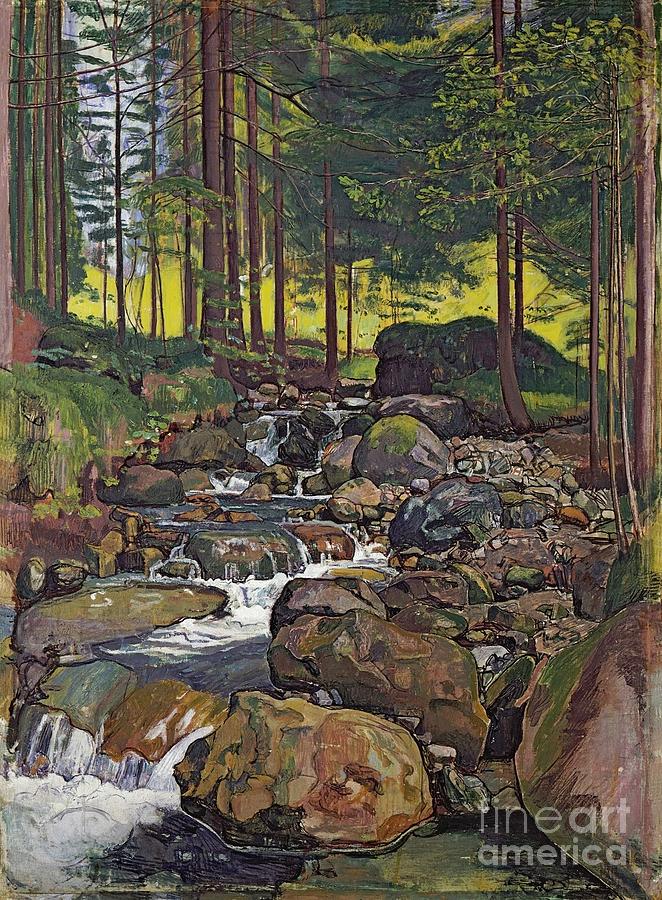 Forest Mountain Stream Painting by MotionAge Designs