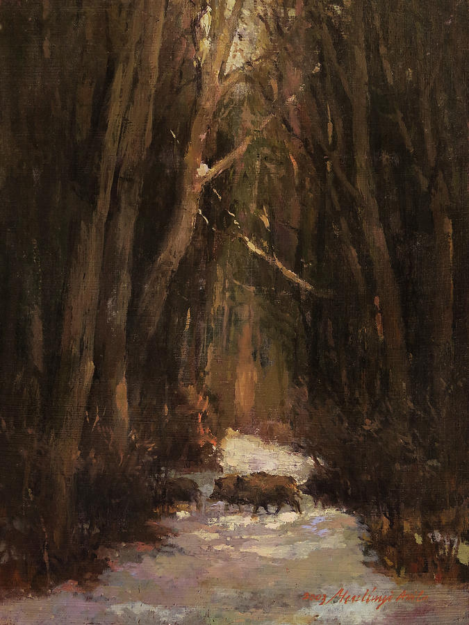 Winter Painting - Forest Road with Wild Boars by Attila Meszlenyi