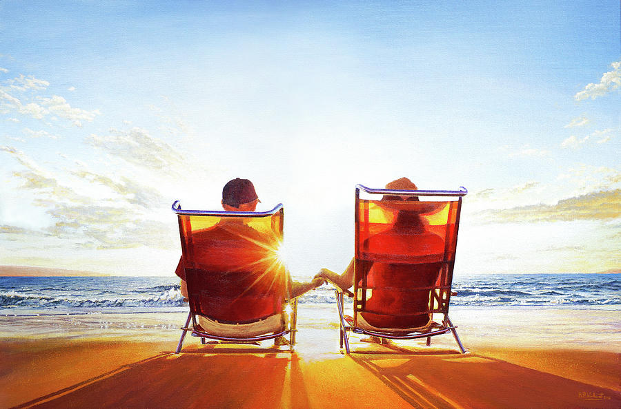 Forever - A Couple on a Beach Watching a Sunset Painting by Mark Woollacott