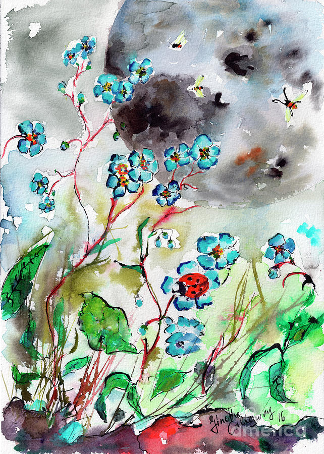 Forget Me Not and Super Moon Watercolor Painting by Ginette Callaway
