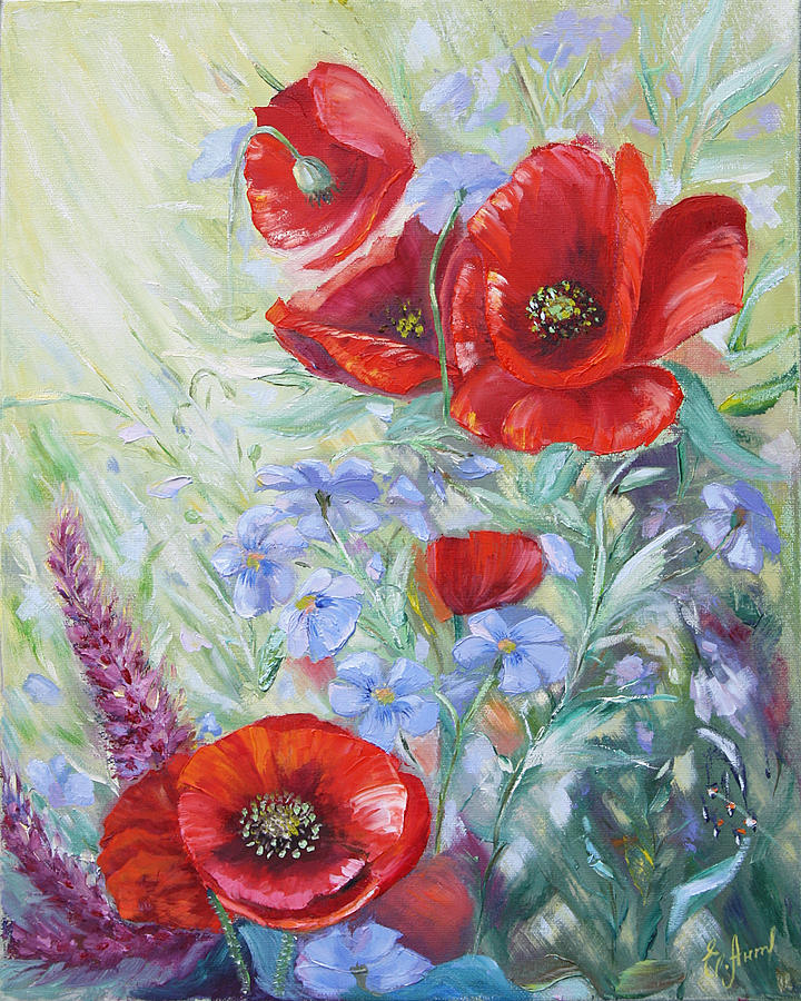 Forget-Me-Not with Red Poppies Painting by Elena Antakova