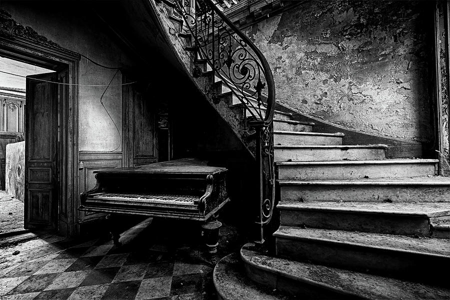 forgotten ancient piano - abandoned castle BW Photograph by Dirk Ercken