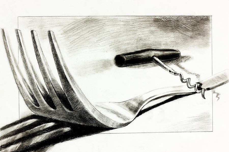 Fork And Corkscrew  By Ivailo Nikolov Drawing