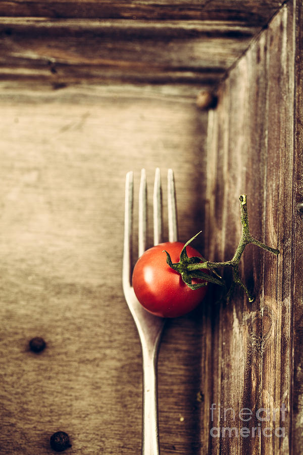 Tomato Photograph - Fork and tomato by Mythja Photography