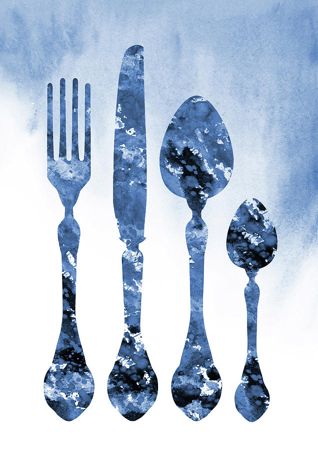 Illustration Digital Art - Fork Knife and Spoon-blue by Erzebet S