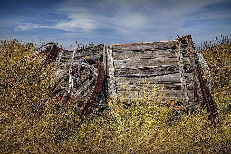 Forlorn Wooden Farm Wagon in the Grass on the Prairie Photograph by Randall Nyhof