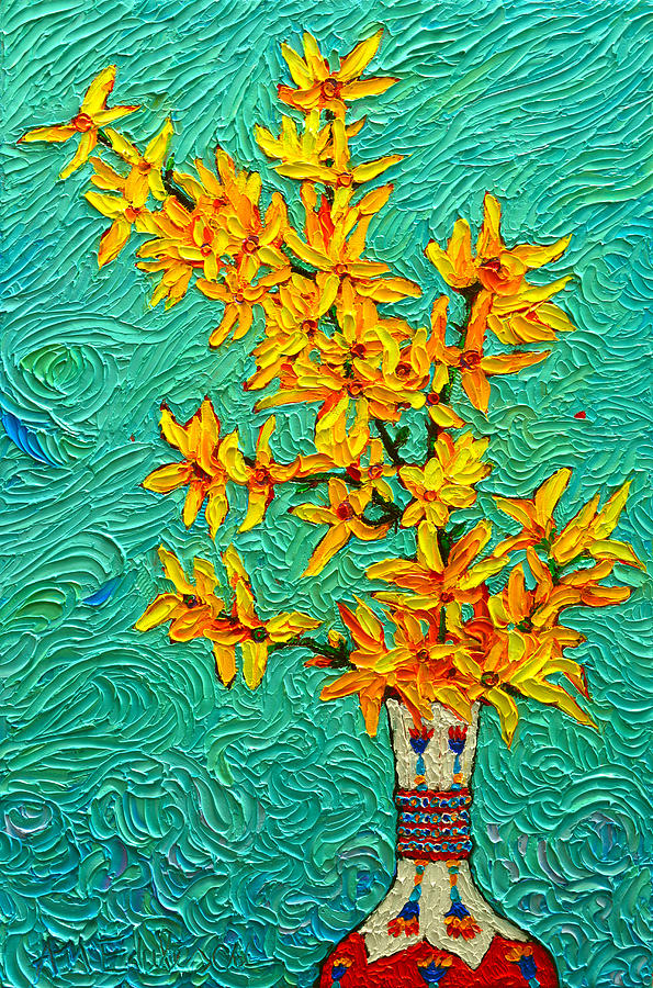 Forsythia Vibration Modern Impressionist Flower Art Palette Knife Oil Painting By Ana Maria Edulescu Painting by Ana Maria Edulescu