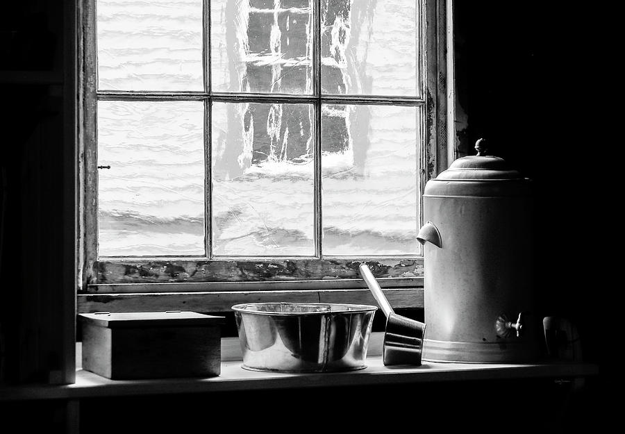 Black And White Photograph - Fort Mackinac Kitchen View by Betty Denise