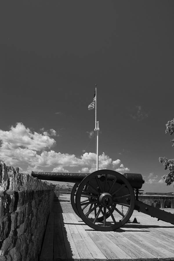 Fort Pulaski Cannon And Flag in Black and White Photograph by Greg and Chrystal Mimbs