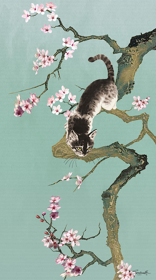 Flower Digital Art - Fortune Cat in Cherry Tree by M Spadecaller
