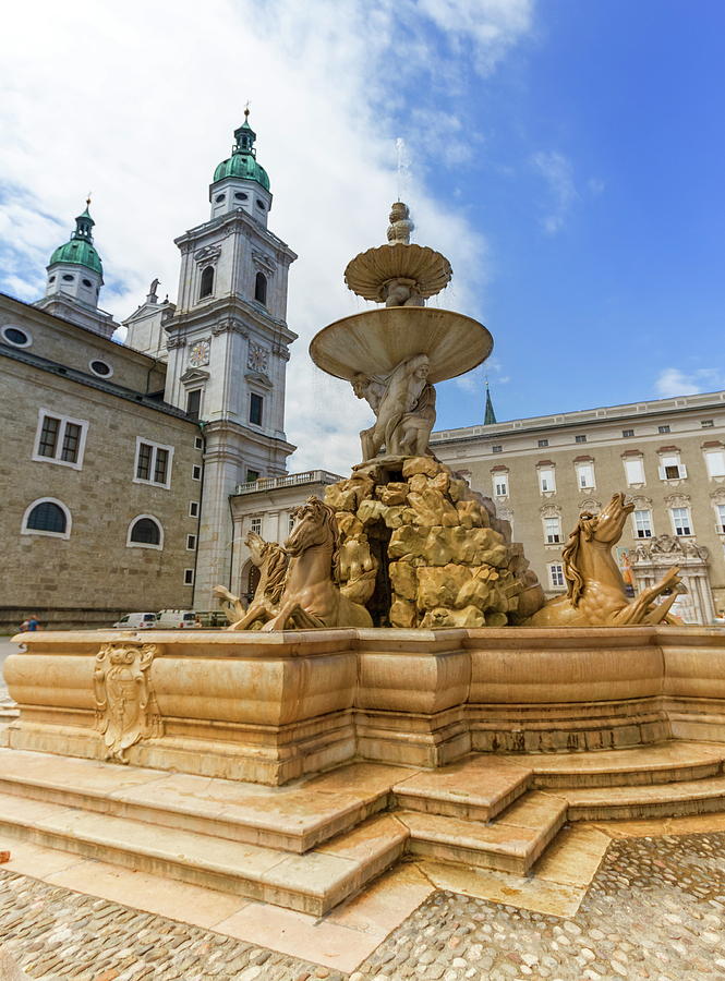 Fountain and cathedral at the Residenzplatz in Salzburg, Austria Photograph by Elenarts - Elena Duvernay photo