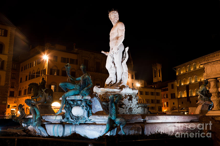Fountain of Neptune in Florence, Italy at night Photograph by Michal Bednarek
