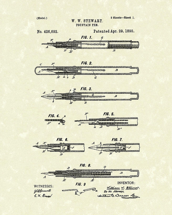 Fountain Pen 1890 Patent Art Drawing by Prior Art Design