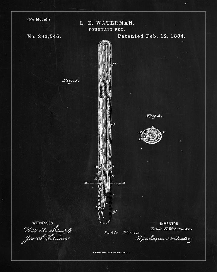 Fountain Pen patent drawing 1b Mixed Media by Brian Reaves