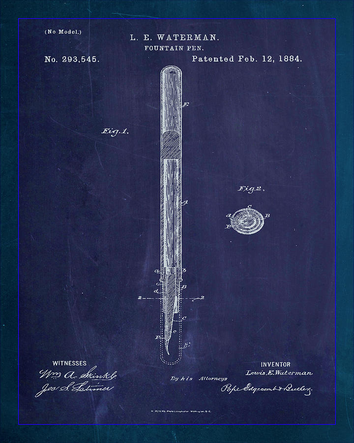 Fountain Pen patent drawing 1e Mixed Media by Brian Reaves