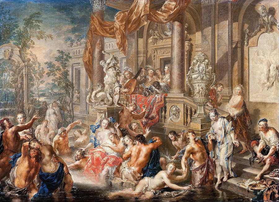 Fountain scene in front of a palace Painting by Johann Georg Platzer