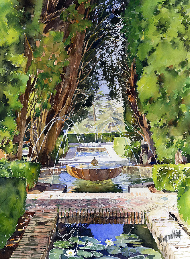 Garden Painting - Fountains in the gardens of the Generalife Granada Spain by Margaret Merry