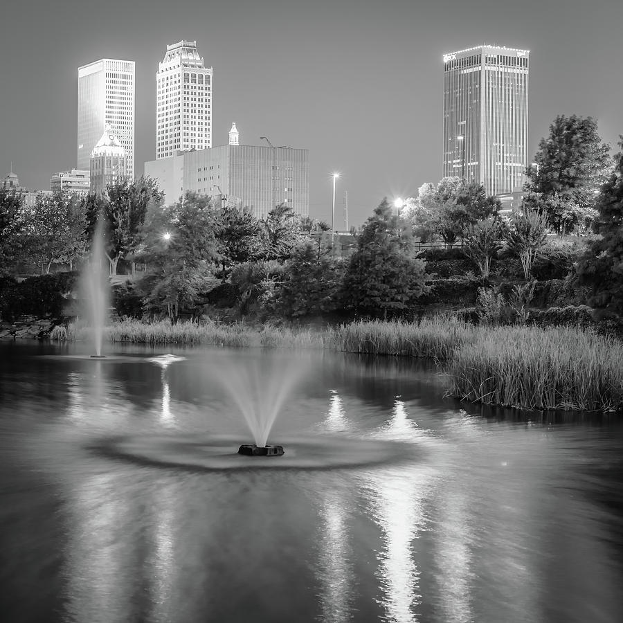 Fountains Under The Tulsa Skyline - Black And White Photograph