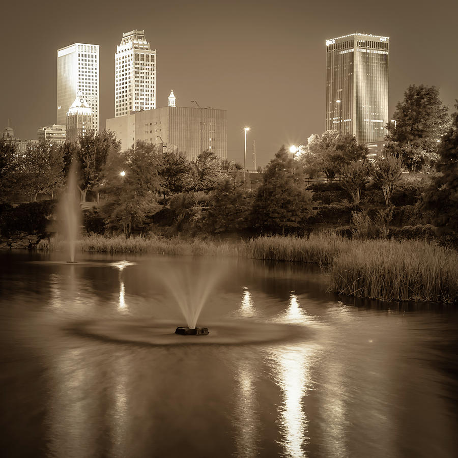 Fountains Under The Tulsa Skyline - Sepia Photograph