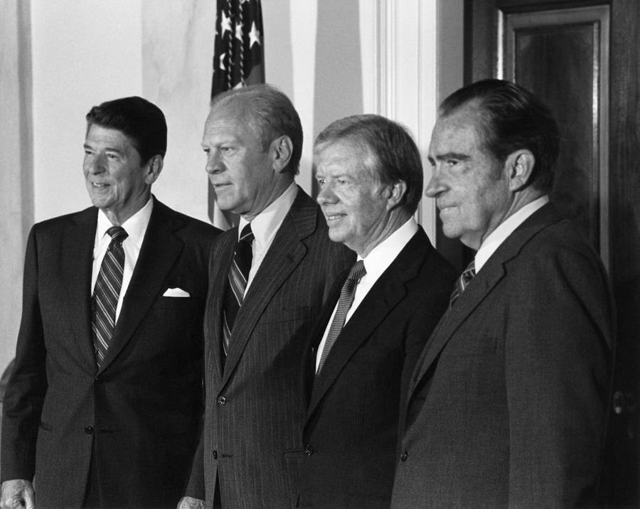 Ronald Reagan Photograph - Four American Presidents Posing Together - 1981 by War Is Hell Store