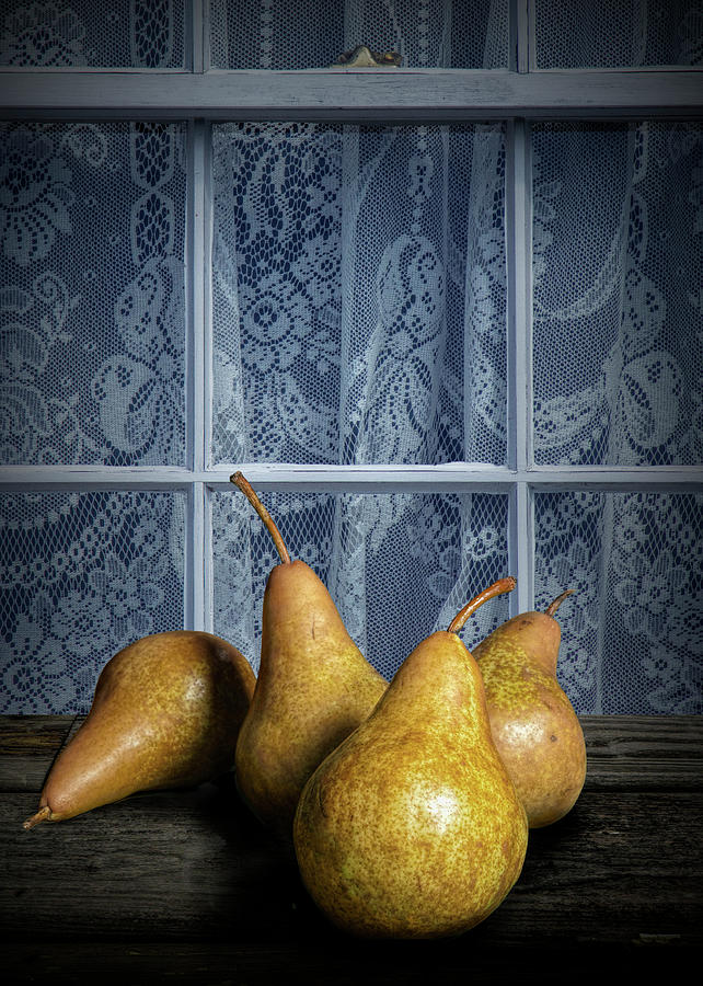Four Bartlett Pears by a Window with Curtain Lace Photograph by Randall Nyhof