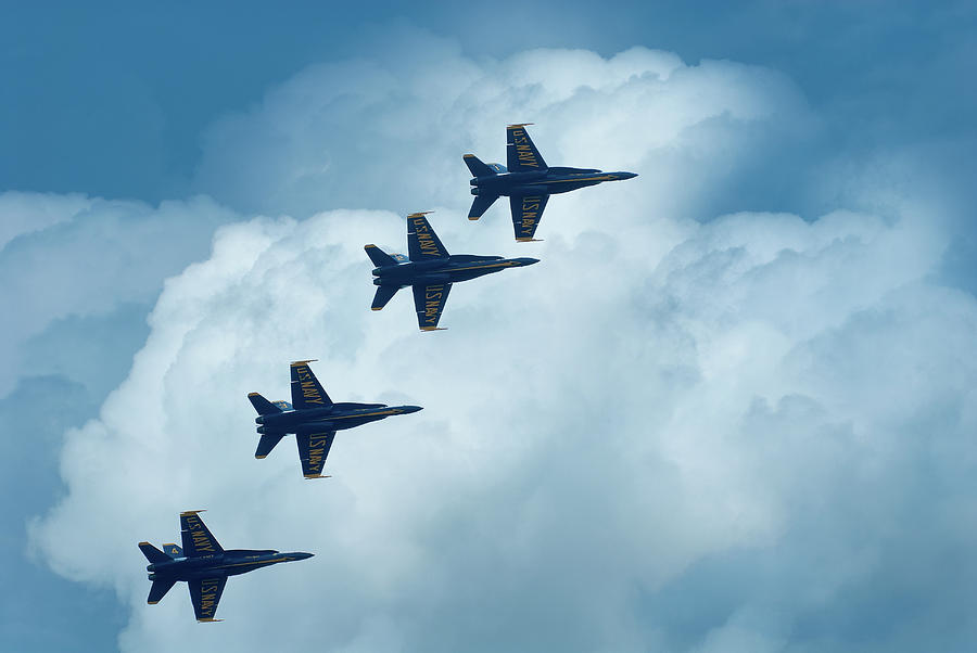 Jet Photograph - Four Blue Angels in the Clouds by Onyonet Photo studios