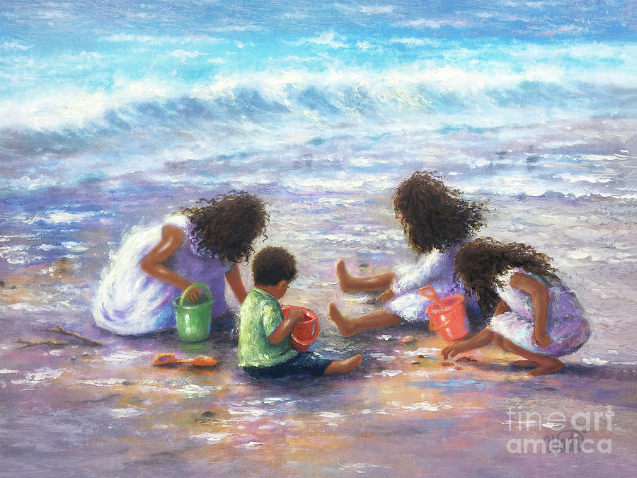 Дети бич. Рисунки брат и сестра на пляже. Вики Уэйд (Vickie Wade) - современная американская художница. Волна пляж дети. Брат и сестра на пляже маслом.
