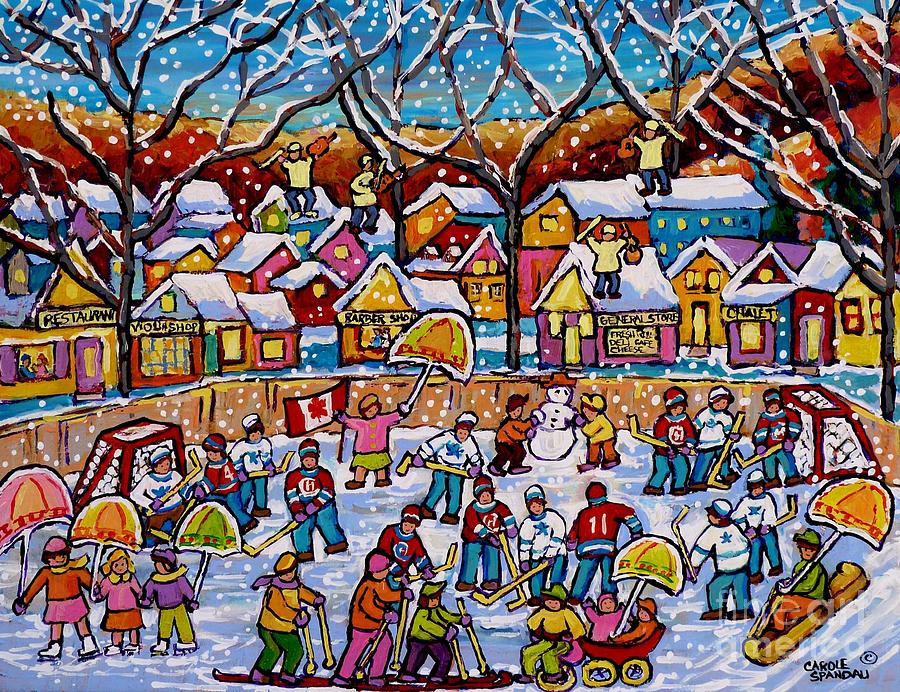 Four Fiddlers On The Roof Tops Hockey Art Snowy Winter Wonderland Skaters Skiers Sleds Umbrellas  Painting by Carole Spandau