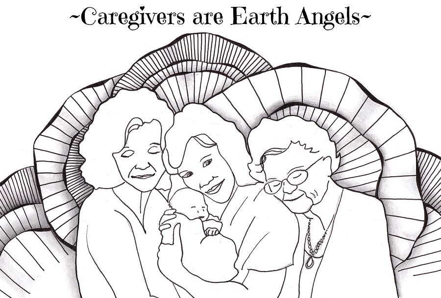 Four Generation Hug - Caregivers are Earth Angels Drawing by Jan Steinle