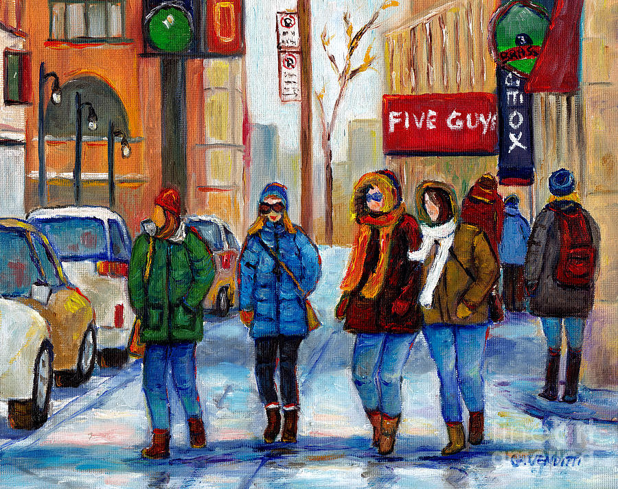 Four Girls Shopping Along Downtown Street Montreal Winter Street Scene  Grace Venditti Painting by Grace Venditti