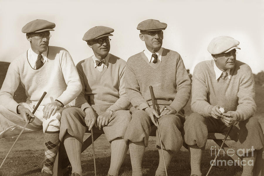 Golf Photograph - Four golfers on a bench circa 1930 by Monterey County Historical Society