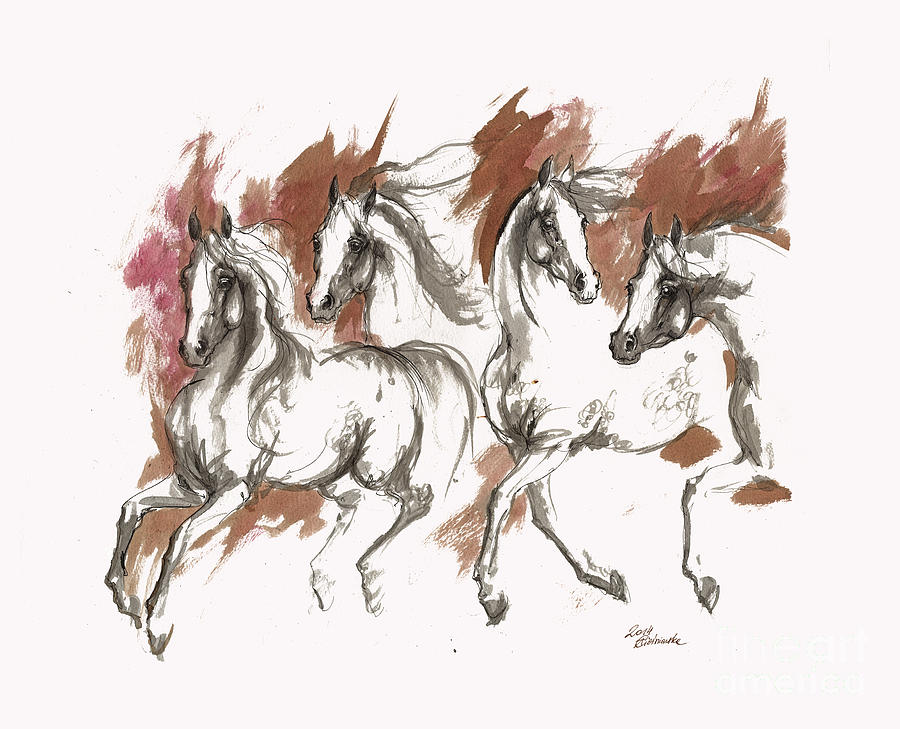 Four Grey Arabian Horses Ink Painting Painting by Ang El