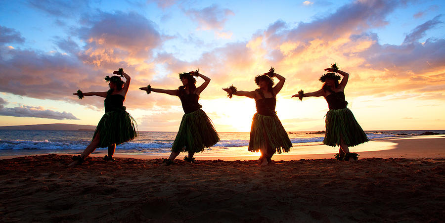Four Hula Dancers At Sunset Photograph by David Olsen