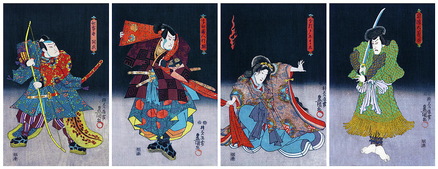 Four Kabuki Actors Ukiyo-e Tetraptych Antique Woodblock Print By Utagawa Kunisada Painting