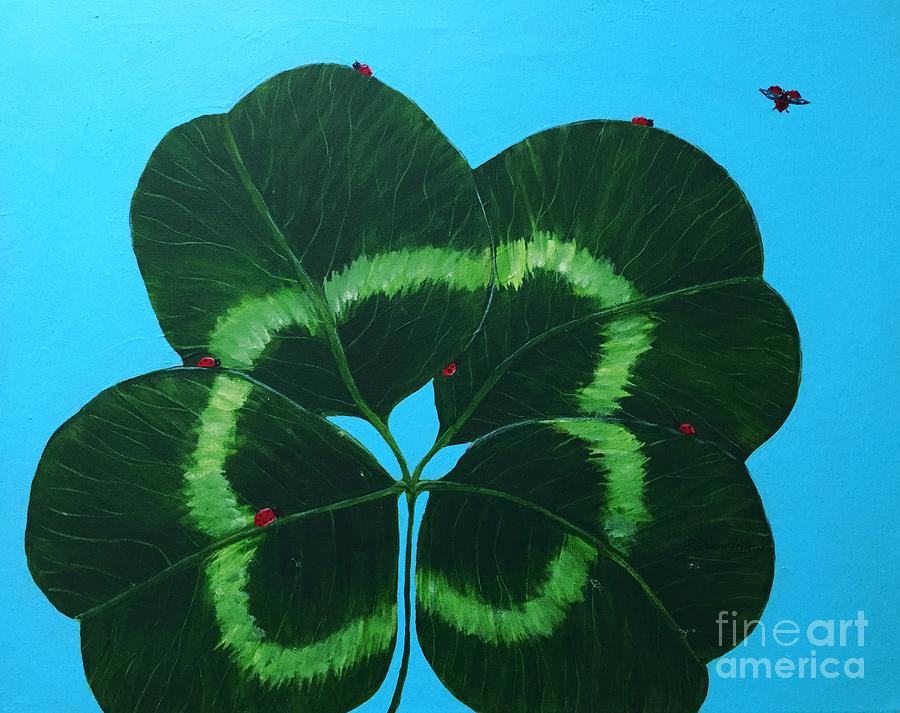 Four Leaf Clover and Seven Ladybugs Painting by Barbara A Griffin