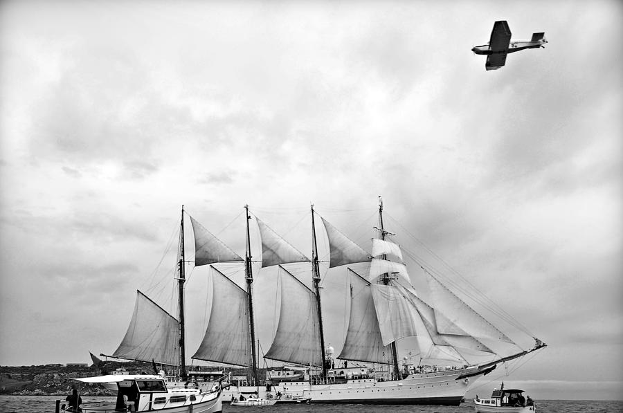 Four-masted Topsail, Steel-hulled Barquentine Departure And A Plane Photograph by Pedro Cardona Llambias