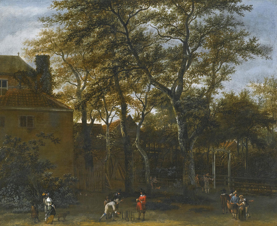 Four Men playing Skittles in a Garden with Onlookers Painting by Adriaen Hendricksz Verboom