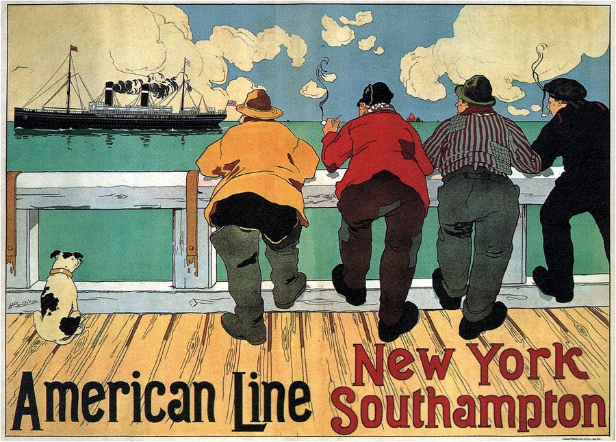Four Men Smoking And Watching A Steamer Ship Sailing - Vintage Illustrated Poster - American Line Painting