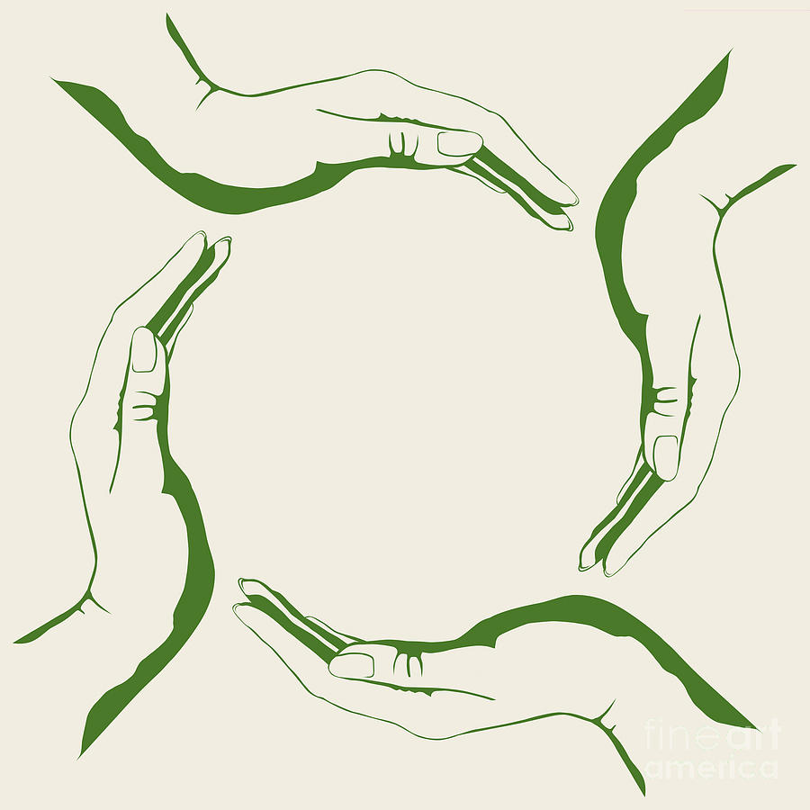 Four people hands making circle conceptual round green eco symbo Digital Art by Maxim Images Exquisite Prints