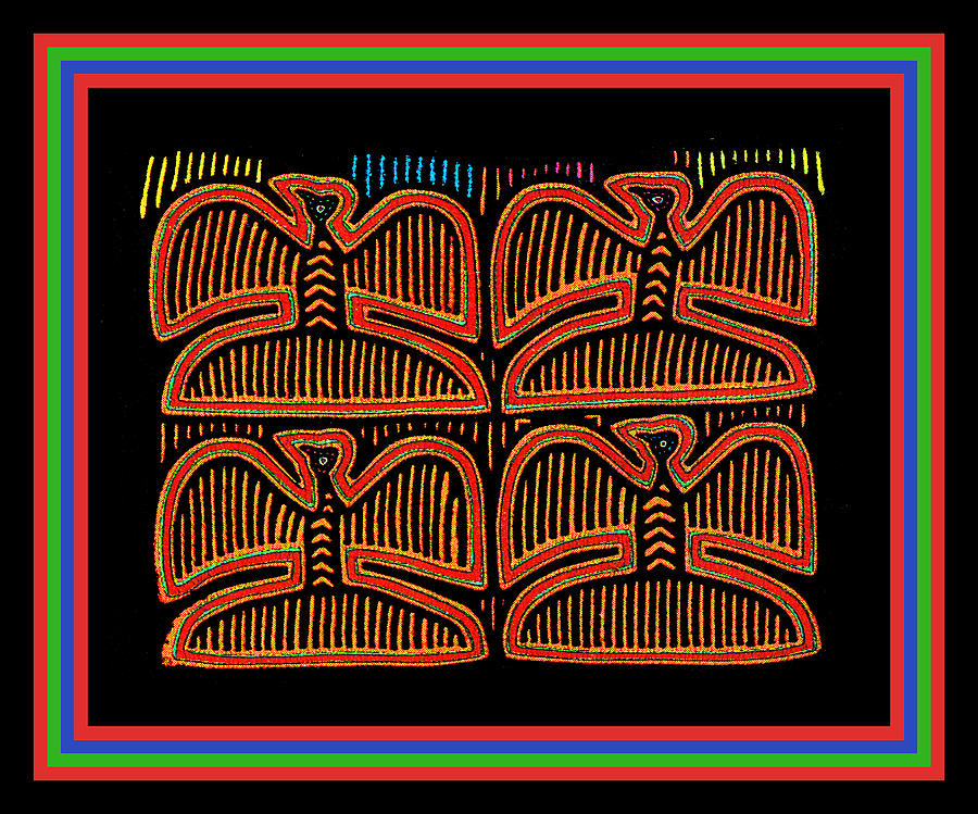 Red Digital Art - Four Pigeons at Sunset - Kuna Indian Folk Art by Vagabond Folk Art - Virginia Vivier