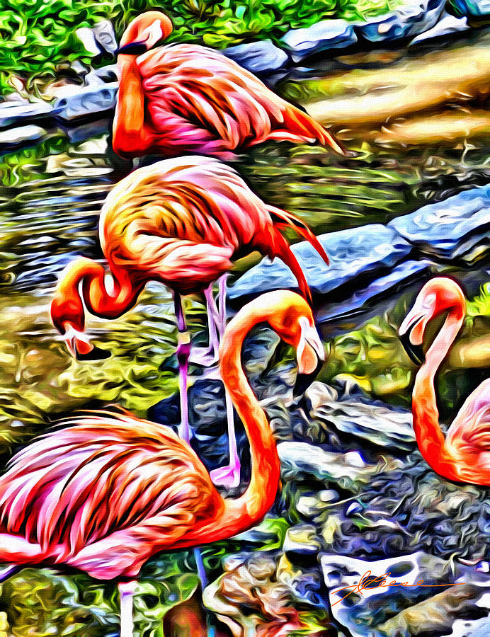 Four Pink Flamingos Painting by Joan Reese